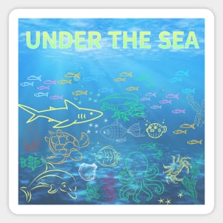 under the sea,blue sea,sea creatures,Turtle, puffer fish, starfish, shrimp, shark, tropical fish, sea horse, seaweed, sardines, squid, crabs, clams Sticker